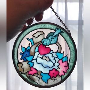 Vintage Joan Baker Stained Glass Bluebird Floral Suncatcher Bird Colorful